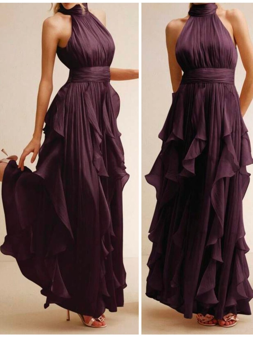New Luxe Metallic Crinkle Halter Ruffle Maxi Dress Plum Purple